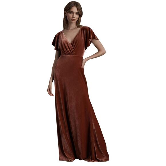 Jenny Yoo Collection Dresses & Skirts - Jenny Yoo Elliss Flutter Sleeve Open Back Velvet Maxi Dress size 6 English Rose